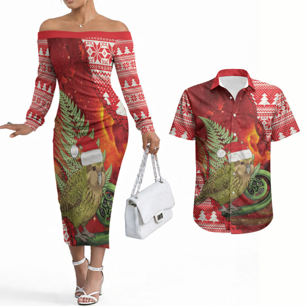 New Zealand Kakapo Christmas In July Couples Matching Off The Shoulder Long Sleeve Dress and Hawaiian Shirt Silver Fern Santa Xmas Red Color LT22 Red - Polynesian Pride