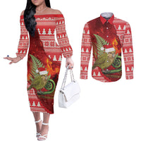 New Zealand Kakapo Christmas In July Couples Matching Off The Shoulder Long Sleeve Dress and Long Sleeve Button Shirt Silver Fern Santa Xmas Red Color