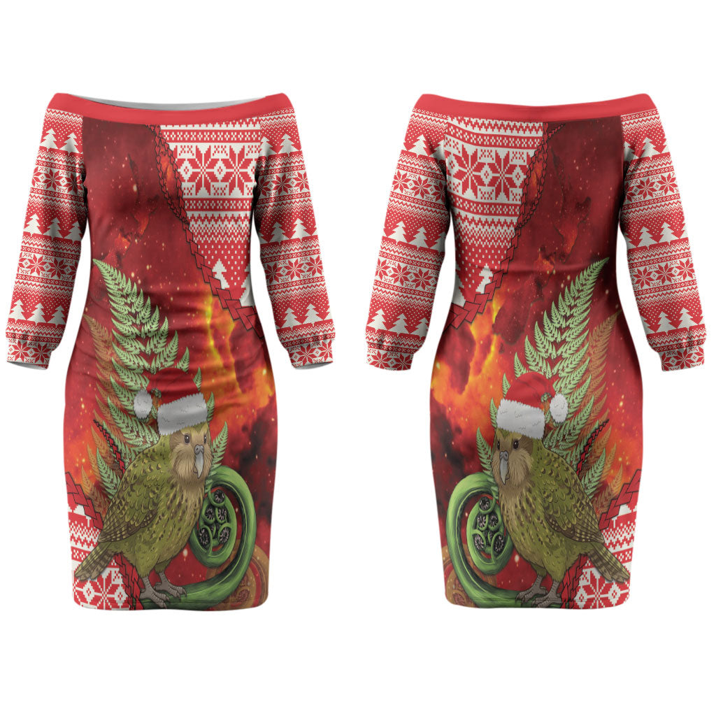 New Zealand Kakapo Christmas In July Couples Matching Off The Shoulder Long Sleeve Dress and Long Sleeve Button Shirt Silver Fern Santa Xmas Red Color LT22 - Polynesian Pride
