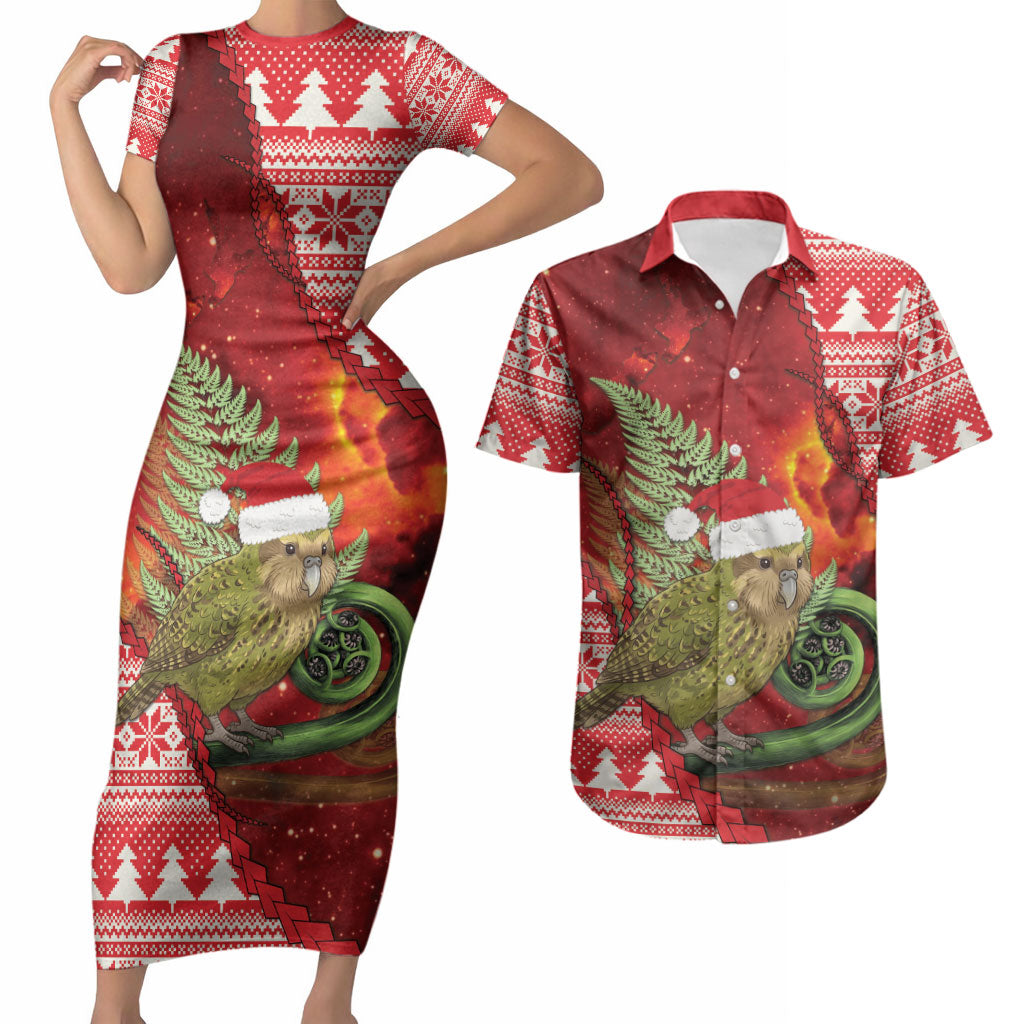 New Zealand Kakapo Christmas In July Couples Matching Short Sleeve Bodycon Dress and Hawaiian Shirt Silver Fern Santa Xmas Red Color LT22 Red - Polynesian Pride