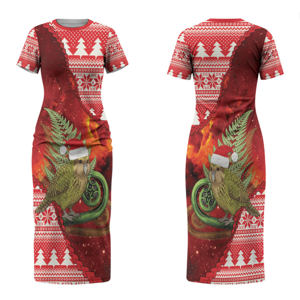 New Zealand Kakapo Christmas In July Couples Matching Short Sleeve Bodycon Dress and Long Sleeve Button Shirt Silver Fern Santa Xmas Red Color LT22 - Polynesian Pride