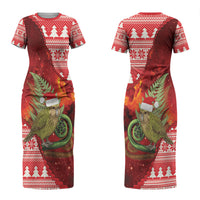 New Zealand Kakapo Christmas In July Couples Matching Short Sleeve Bodycon Dress and Long Sleeve Button Shirt Silver Fern Santa Xmas Red Color LT22 - Polynesian Pride