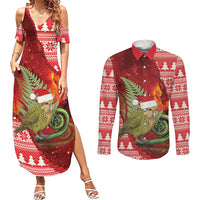 New Zealand Kakapo Christmas In July Couples Matching Summer Maxi Dress and Long Sleeve Button Shirt Silver Fern Santa Xmas Red Color