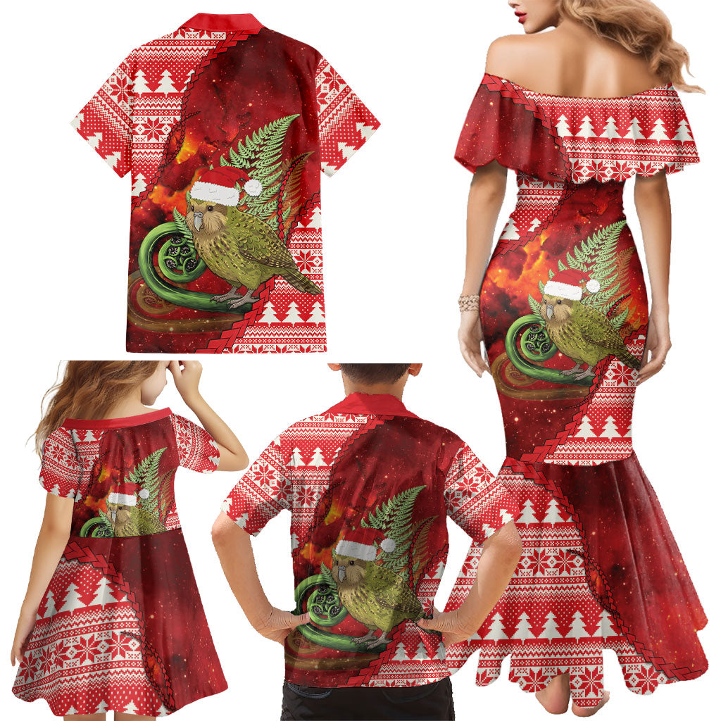 New Zealand Kakapo Christmas In July Family Matching Mermaid Dress and Hawaiian Shirt Silver Fern Santa Xmas Red Color