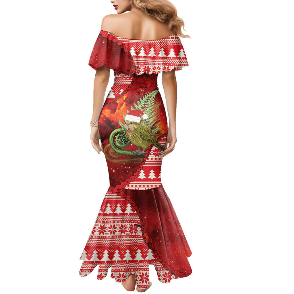 New Zealand Kakapo Christmas In July Family Matching Mermaid Dress and Hawaiian Shirt Silver Fern Santa Xmas Red Color