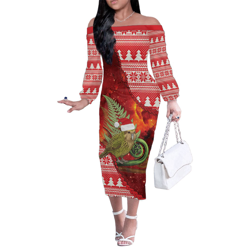 New Zealand Kakapo Christmas In July Family Matching Off The Shoulder Long Sleeve Dress and Hawaiian Shirt Silver Fern Santa Xmas Red Color