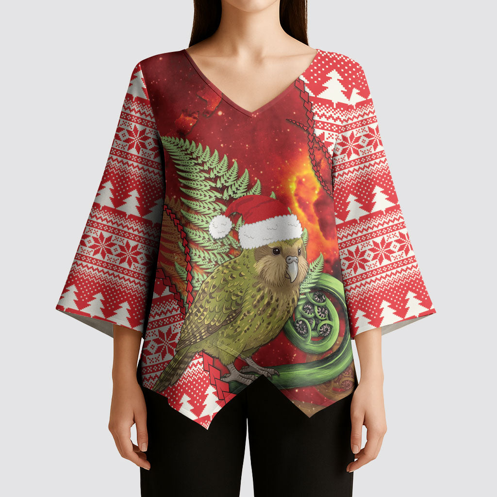 New Zealand Kakapo Christmas In July Kimono Sleeve Blouse Silver Fern Santa Xmas Red Color