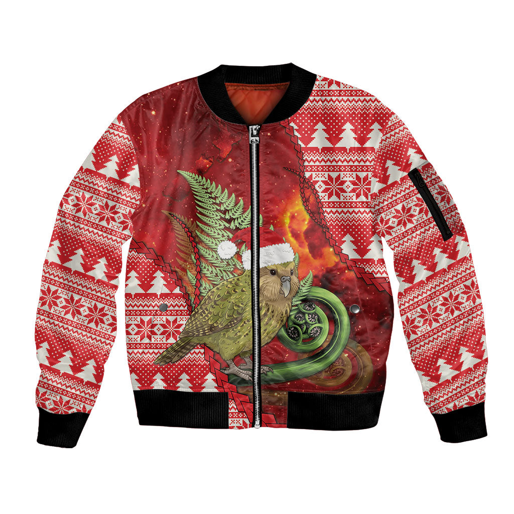 New Zealand Kakapo Christmas In July Sleeve Zip Bomber Jacket Silver Fern Santa Xmas Red Color