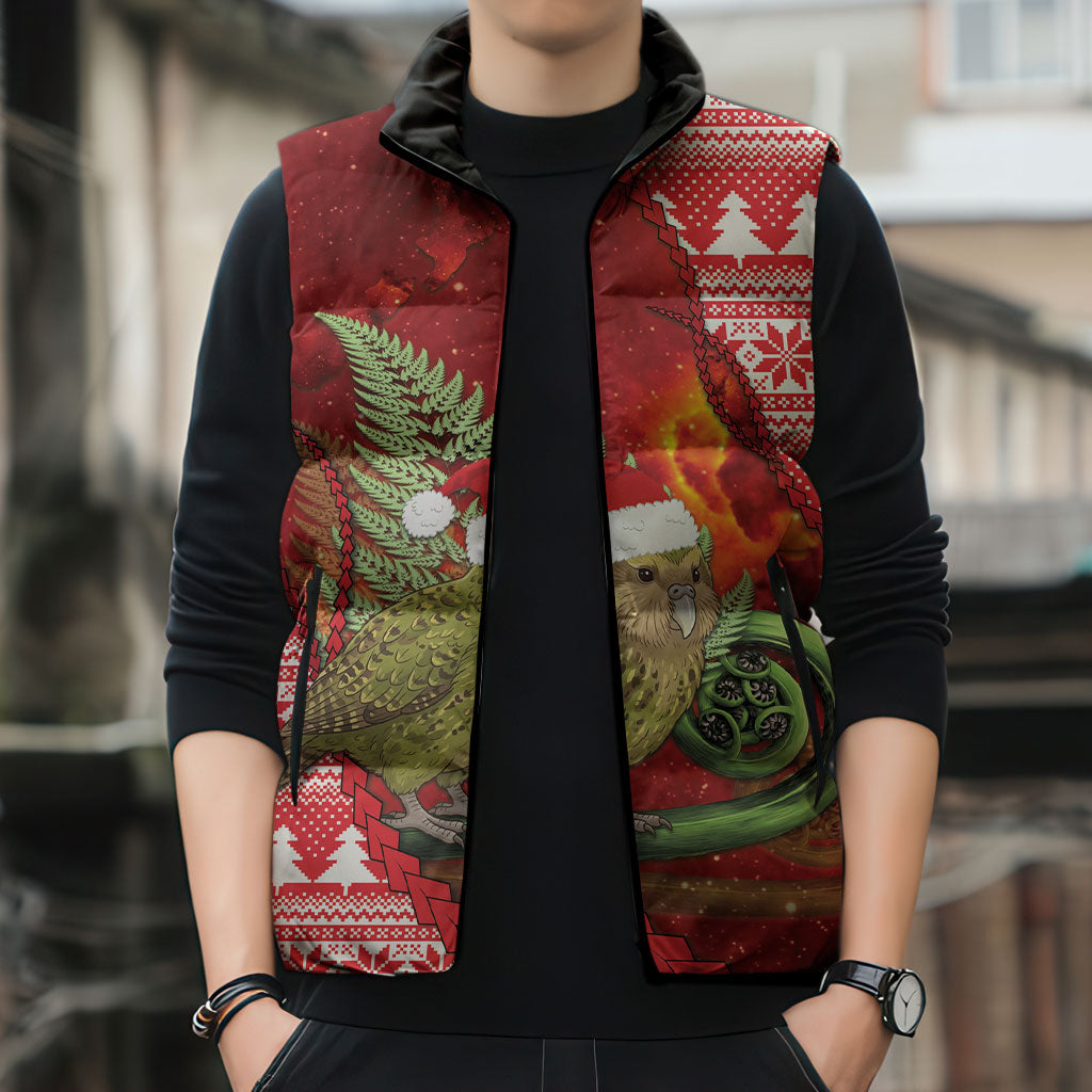 New Zealand Kakapo Christmas In July Sleeveless Puffer Jacket Silver Fern Santa Xmas Red Color