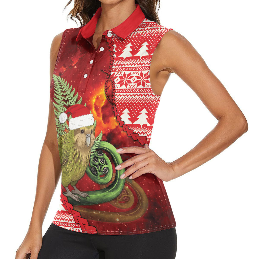 New Zealand Kakapo Christmas In July Women Sleeveless Polo Shirt Silver Fern Santa Xmas Red Color