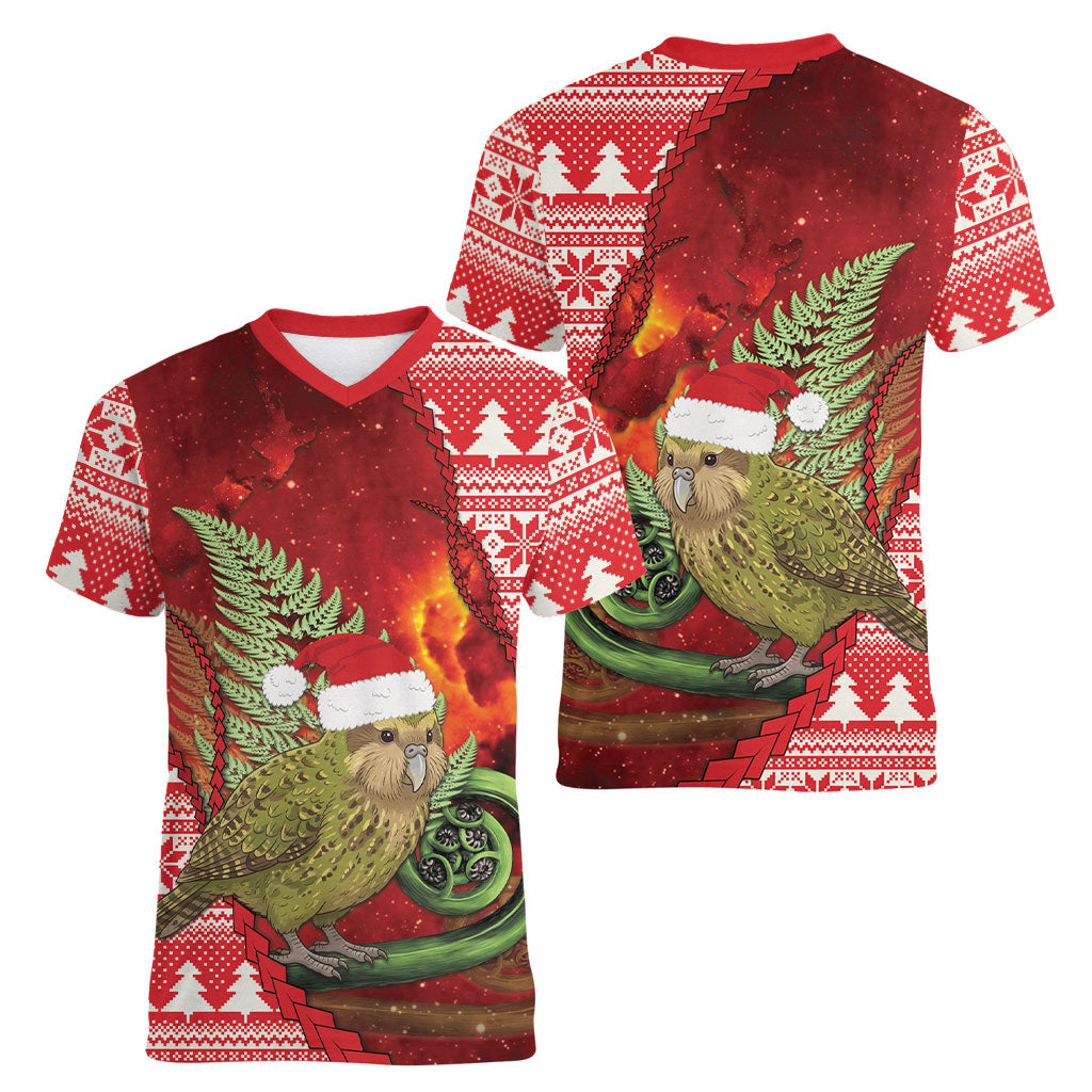 New Zealand Kakapo Christmas In July Women V-Neck T-Shirt Silver Fern Santa Xmas Red Color
