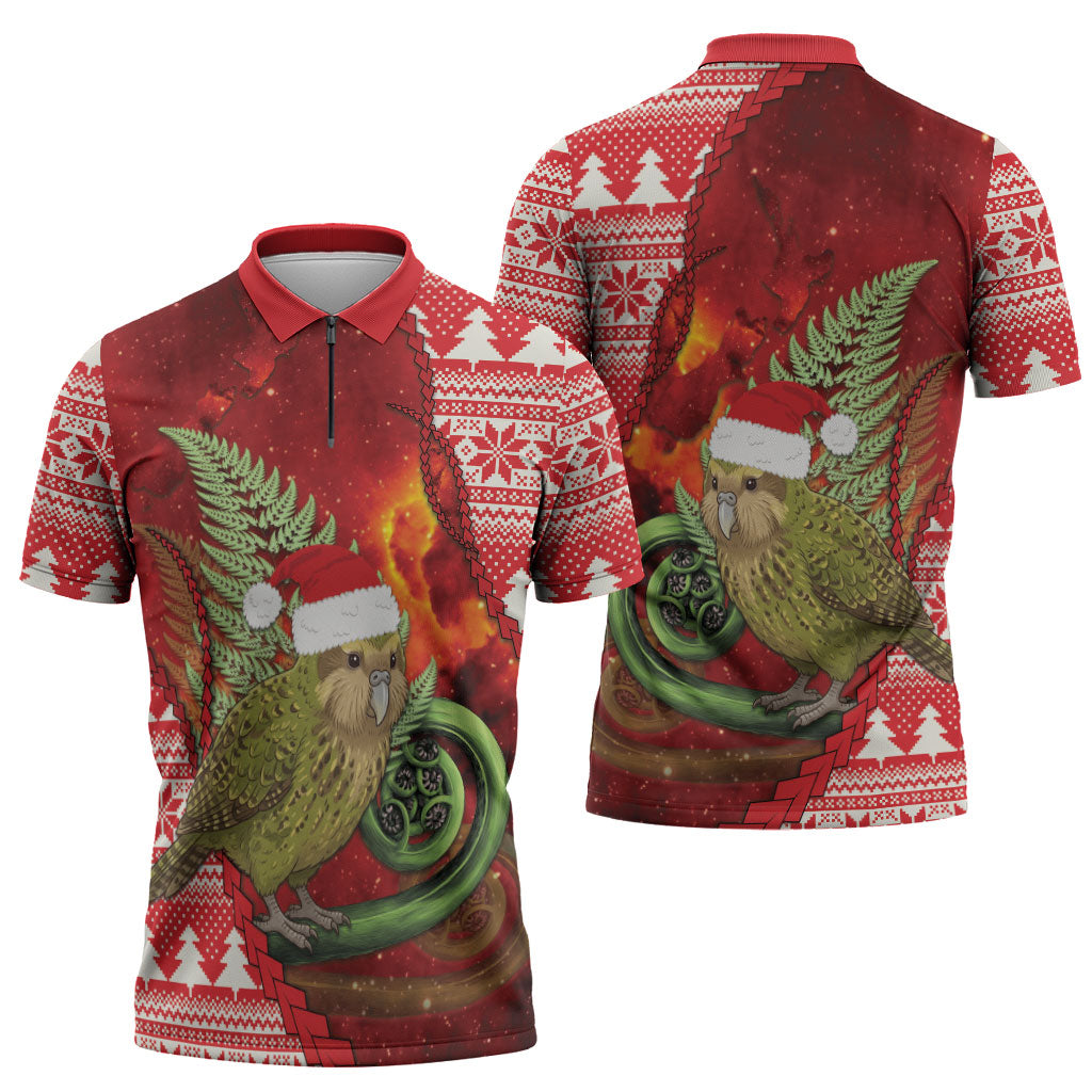 New Zealand Kakapo Christmas In July Zipper Polo Shirt Silver Fern Santa Xmas Red Color