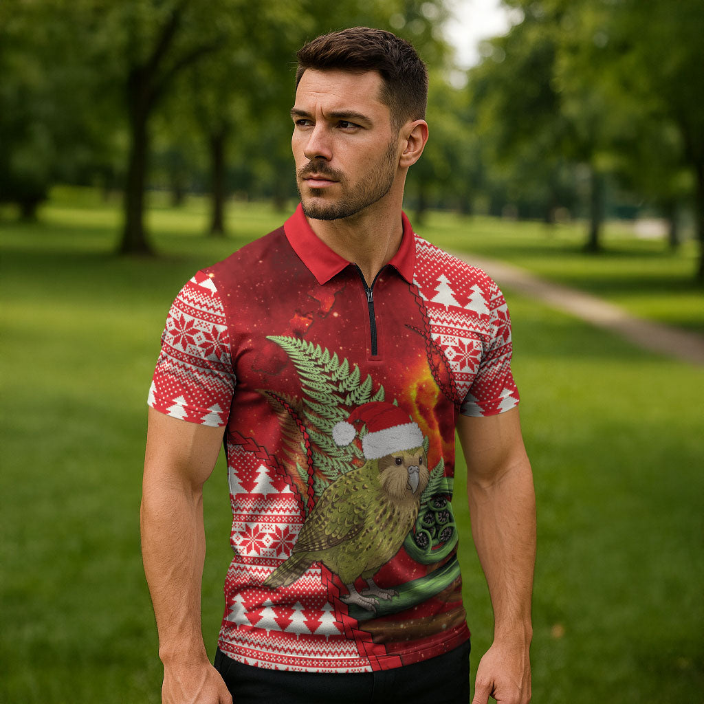 New Zealand Kakapo Christmas In July Zipper Polo Shirt Silver Fern Santa Xmas Red Color