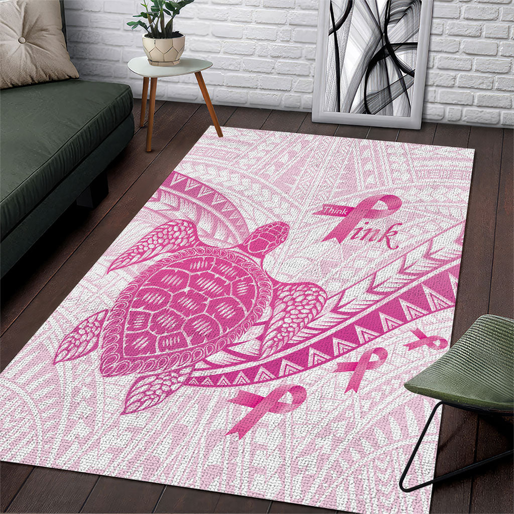 Breast Cancer Awareness Area Rug Pink Ribbon Turtle Polynesian Pattern White