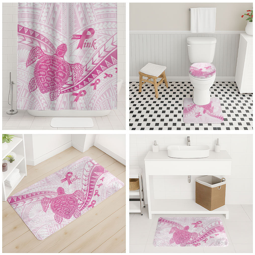 Breast Cancer Awareness Bathroom Set Pink Ribbon Turtle Polynesian Pattern White