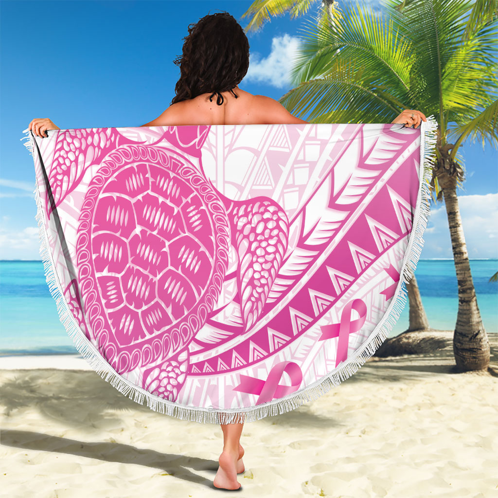 Breast Cancer Awareness Beach Blanket Pink Ribbon Turtle Polynesian Pattern White