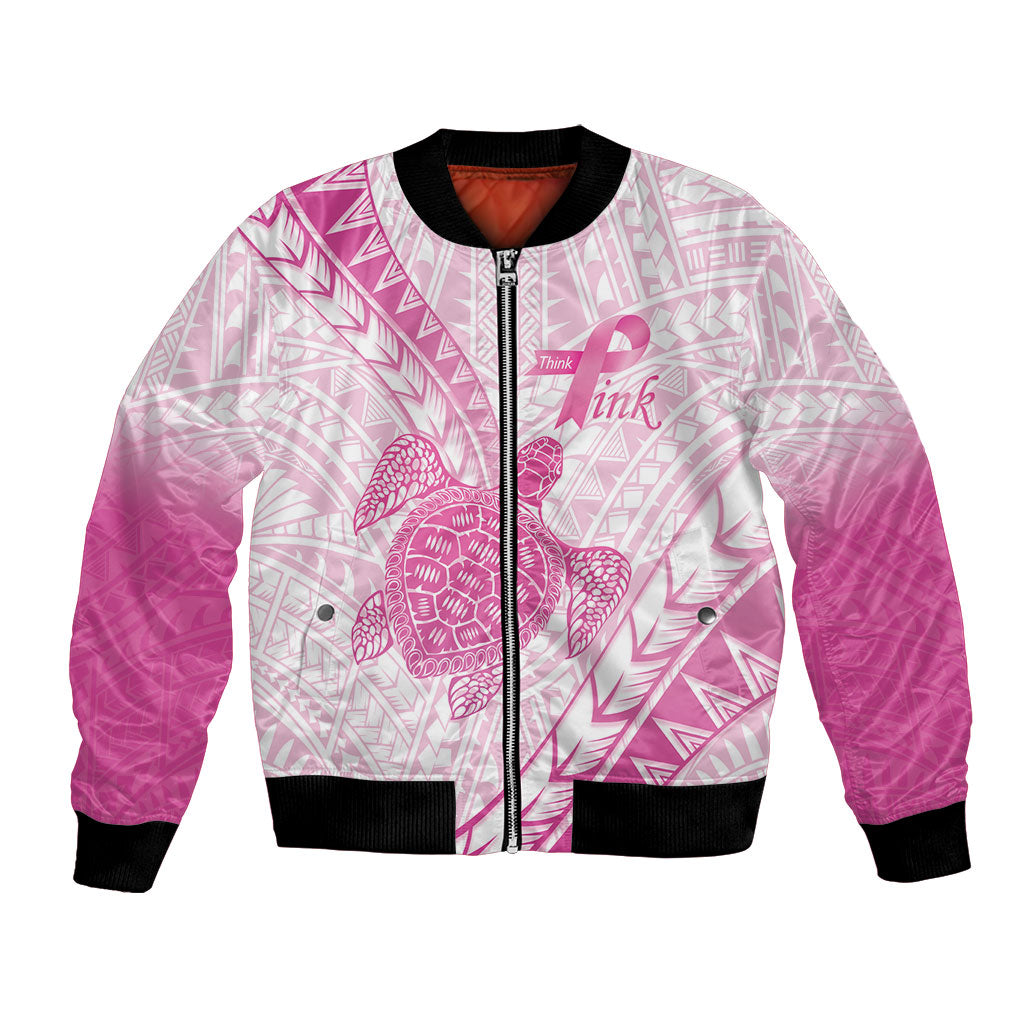Breast Cancer Awareness Personalised Bomber Jacket Pink Ribbon Turtle Polynesian Pattern White LT22 Unisex Pink - Polynesian Pride