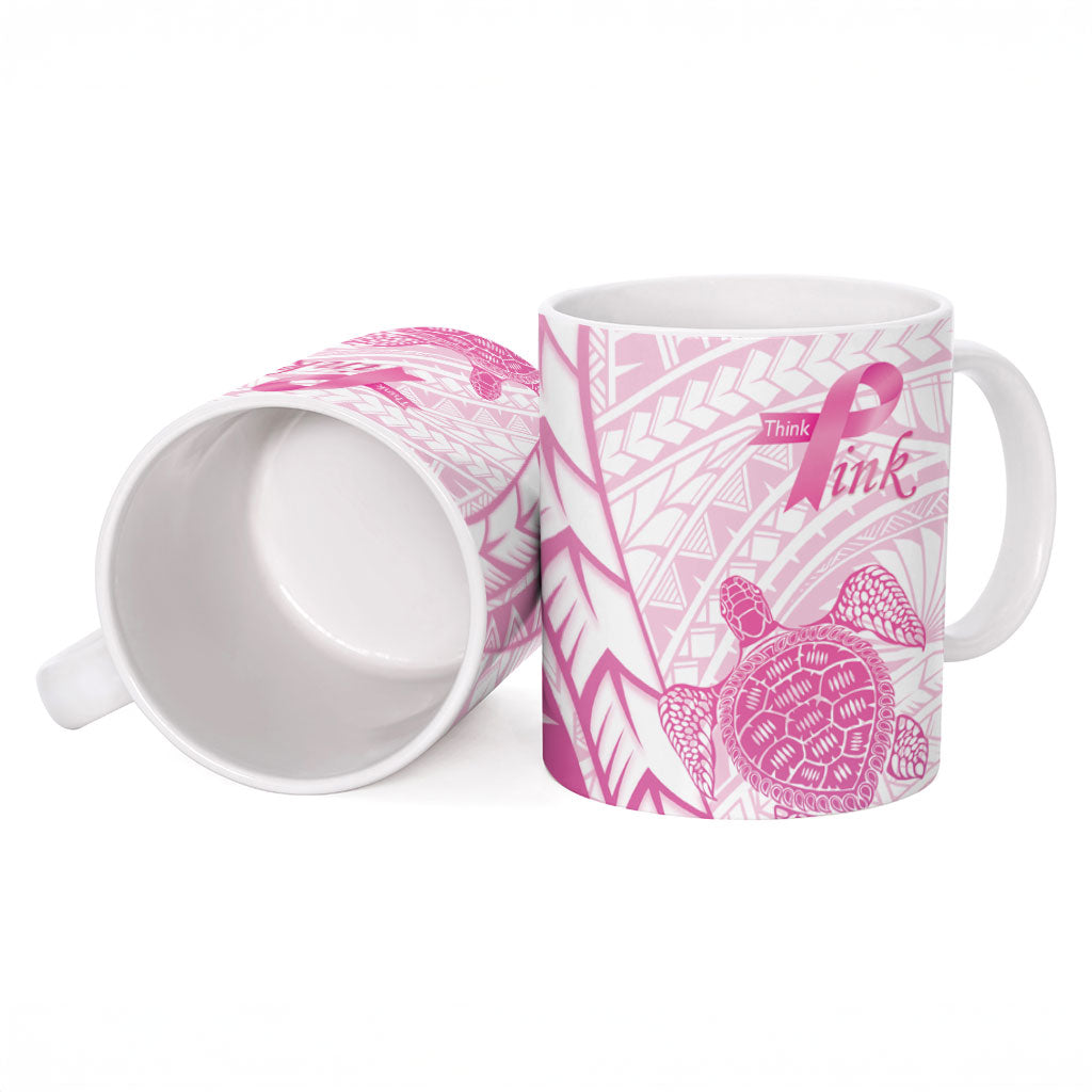 Breast Cancer Awareness Personalised Ceramic Mug Pink Ribbon Turtle Polynesian Pattern White