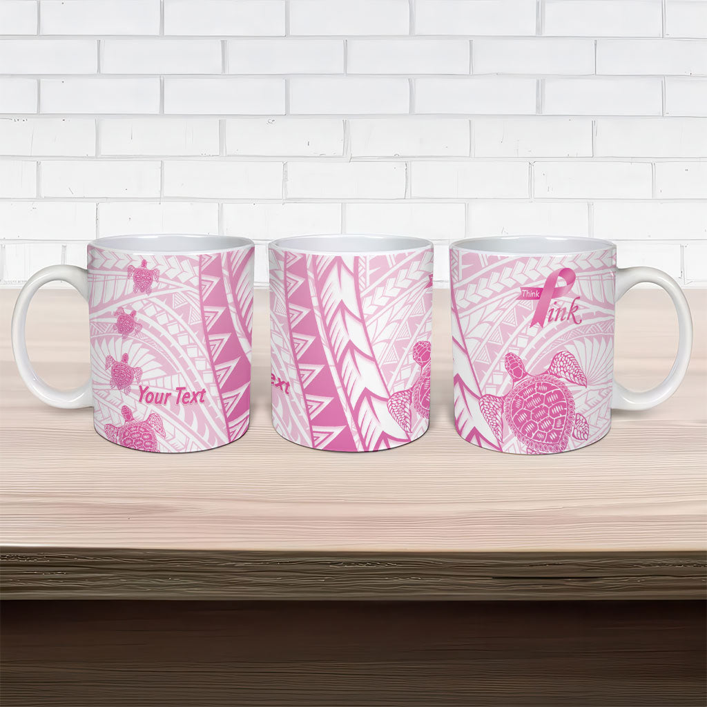 Breast Cancer Awareness Personalised Ceramic Mug Pink Ribbon Turtle Polynesian Pattern White
