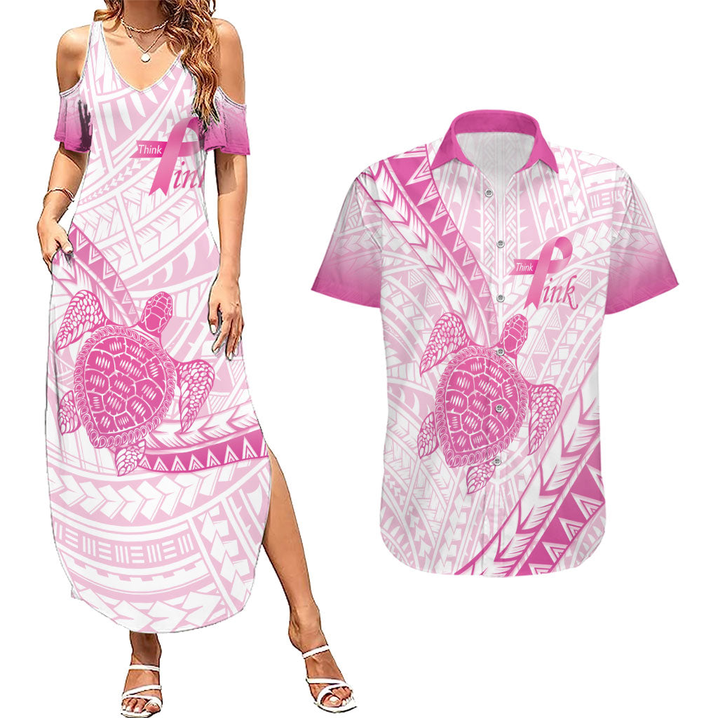 Breast Cancer Awareness Personalised Couples Matching Summer Maxi Dress and Hawaiian Shirt Pink Ribbon Turtle Polynesian Pattern White LT22 Pink - Polynesian Pride