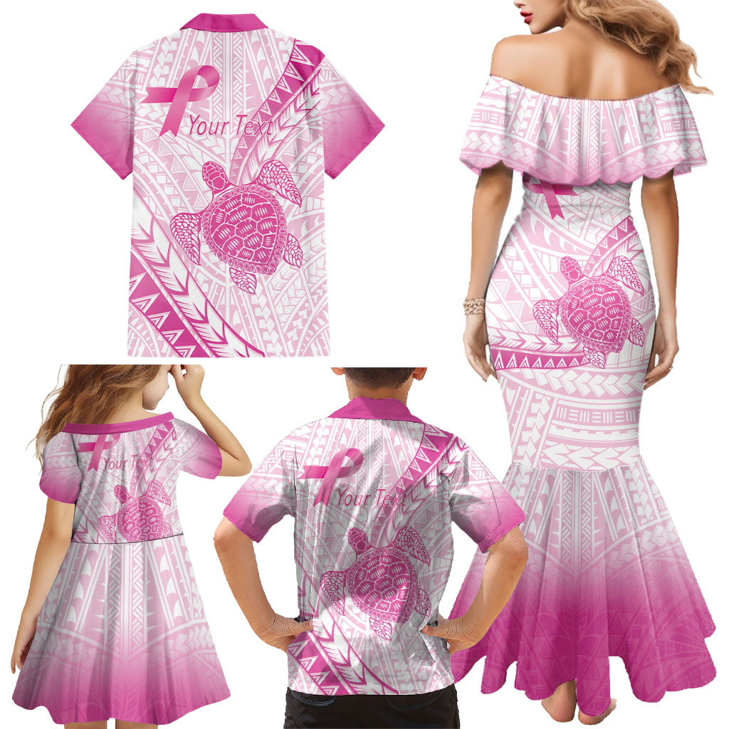 Breast Cancer Awareness Personalised Family Matching Mermaid Dress and Hawaiian Shirt Pink Ribbon Turtle Polynesian Pattern White