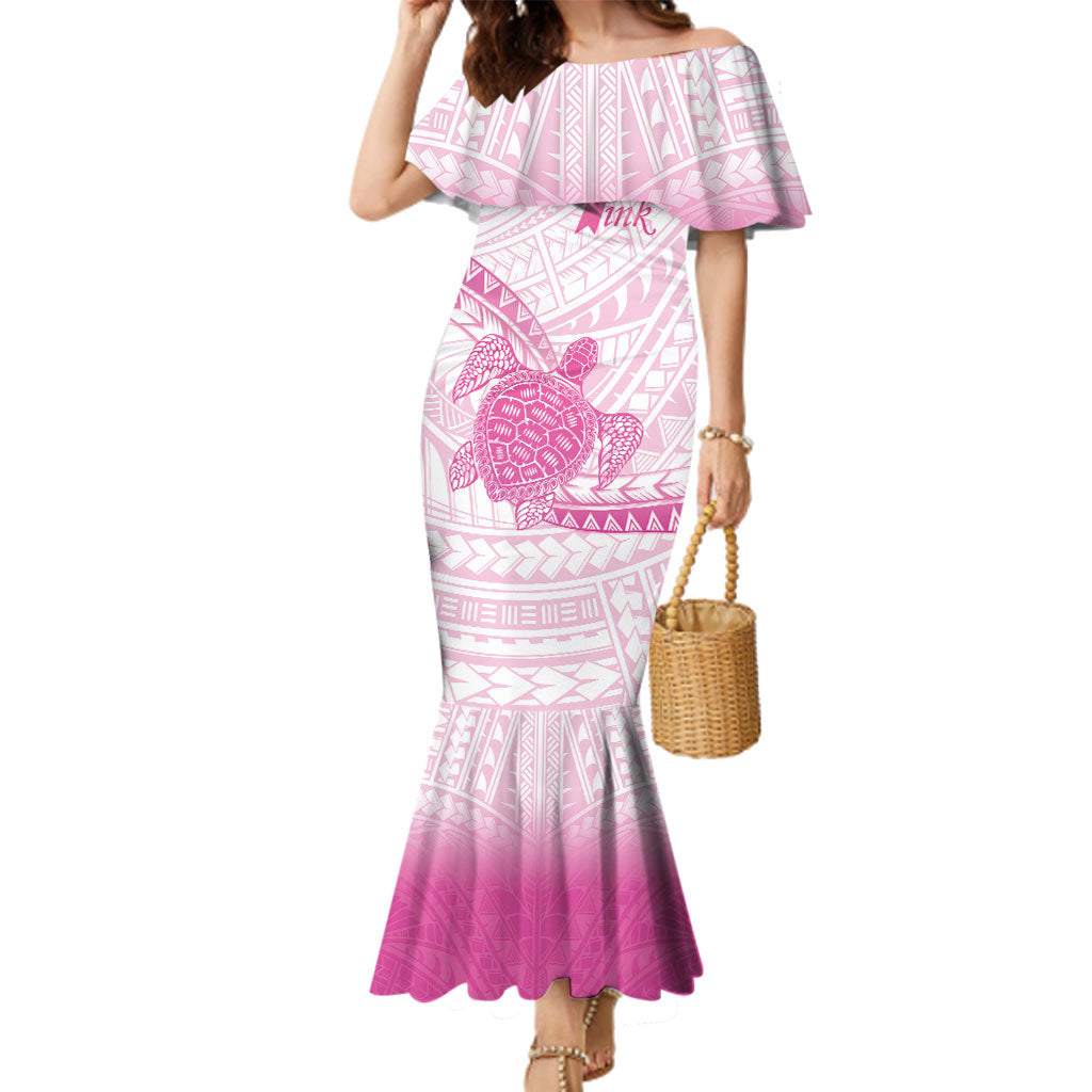 Breast Cancer Awareness Personalised Family Matching Mermaid Dress and Hawaiian Shirt Pink Ribbon Turtle Polynesian Pattern White