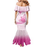 Breast Cancer Awareness Personalised Family Matching Mermaid Dress and Hawaiian Shirt Pink Ribbon Turtle Polynesian Pattern White