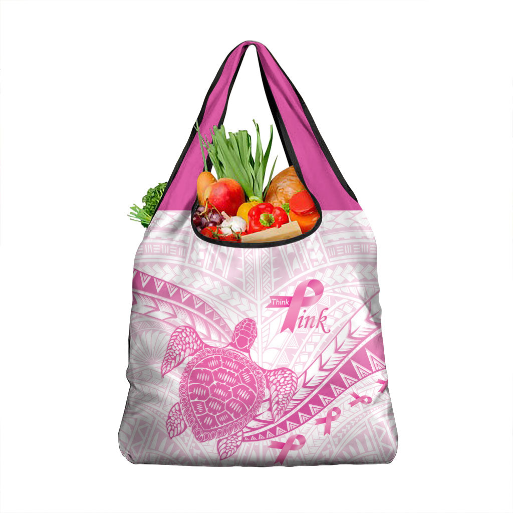 Breast Cancer Awareness Grocery Bag Pink Ribbon Turtle Polynesian Pattern White