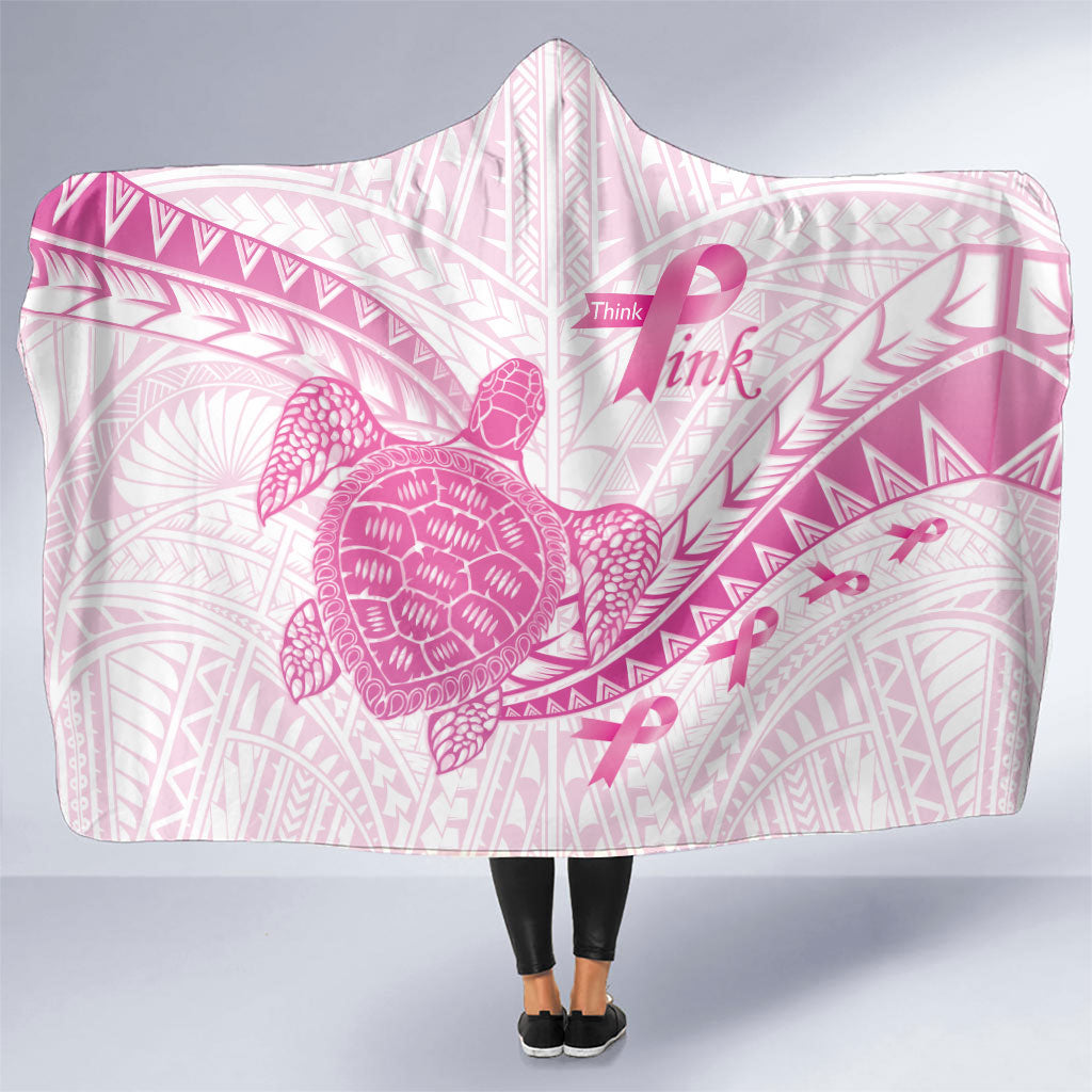 Breast Cancer Awareness Hooded Blanket Pink Ribbon Turtle Polynesian Pattern White