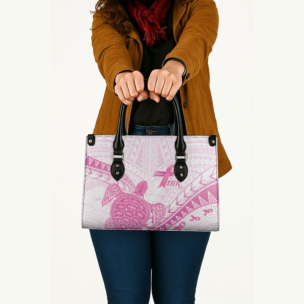 Breast Cancer Awareness Leather Bag Pink Ribbon Turtle Polynesian Pattern White