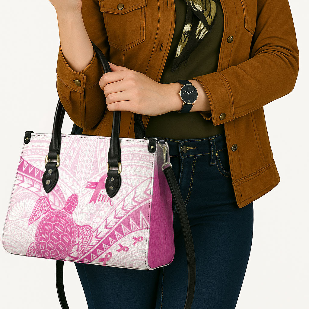 Breast Cancer Awareness Leather Bag Pink Ribbon Turtle Polynesian Pattern White
