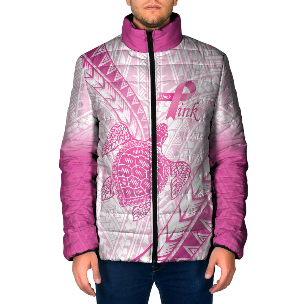 Breast Cancer Awareness Personalised Padded Jacket Pink Ribbon Turtle Polynesian Pattern White