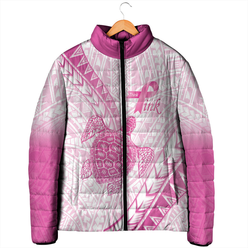Breast Cancer Awareness Personalised Padded Jacket Pink Ribbon Turtle Polynesian Pattern White