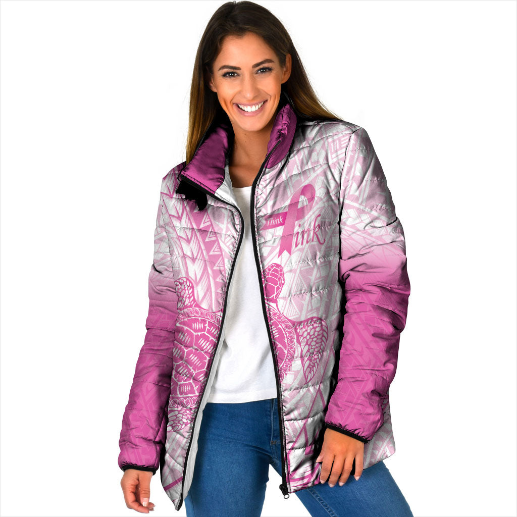 Breast Cancer Awareness Personalised Padded Jacket Pink Ribbon Turtle Polynesian Pattern White