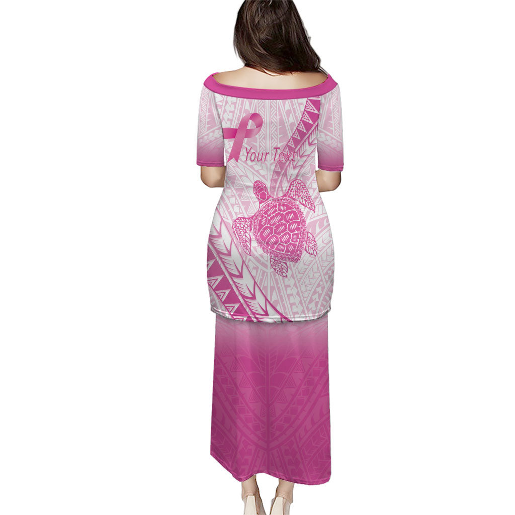 Breast Cancer Awareness Personalised Puletasi Pink Ribbon Turtle Polynesian Pattern White