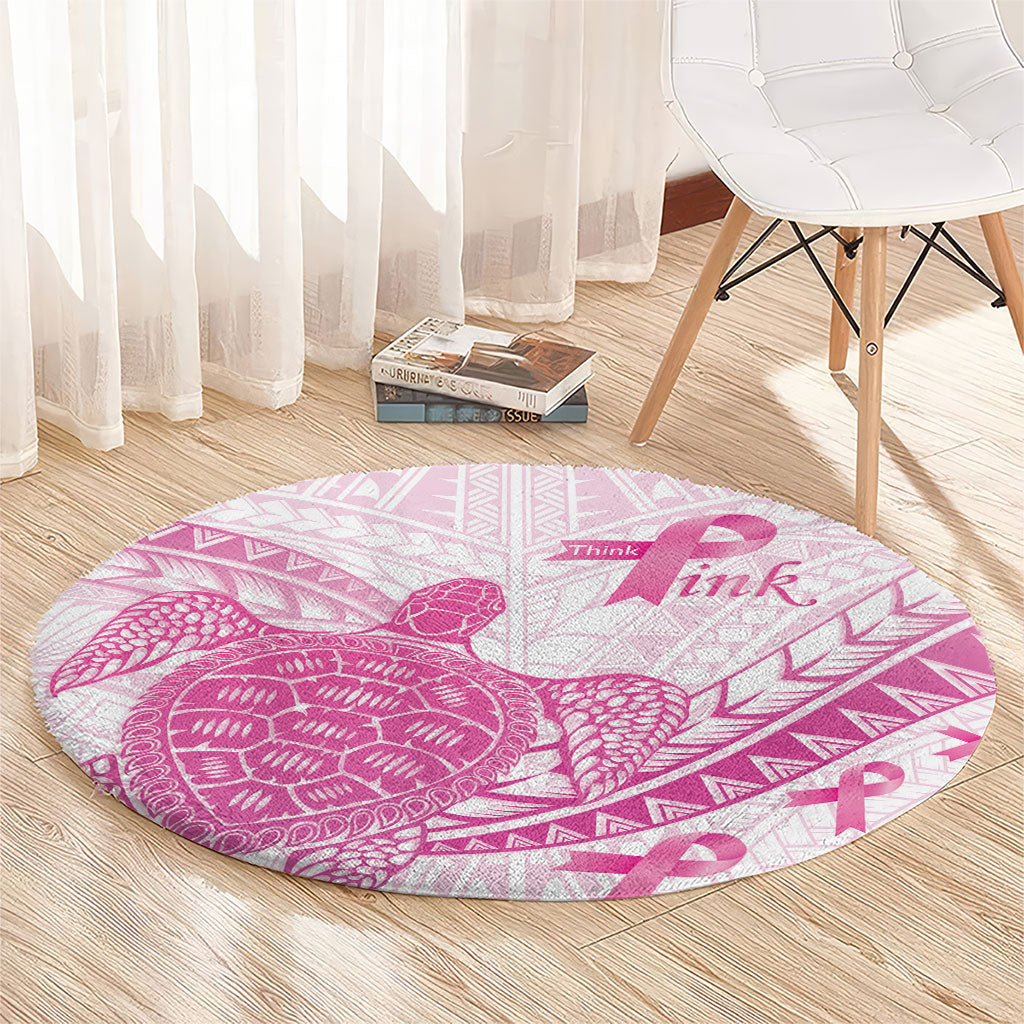 Breast Cancer Awareness Round Carpet Pink Ribbon Turtle Polynesian Pattern White