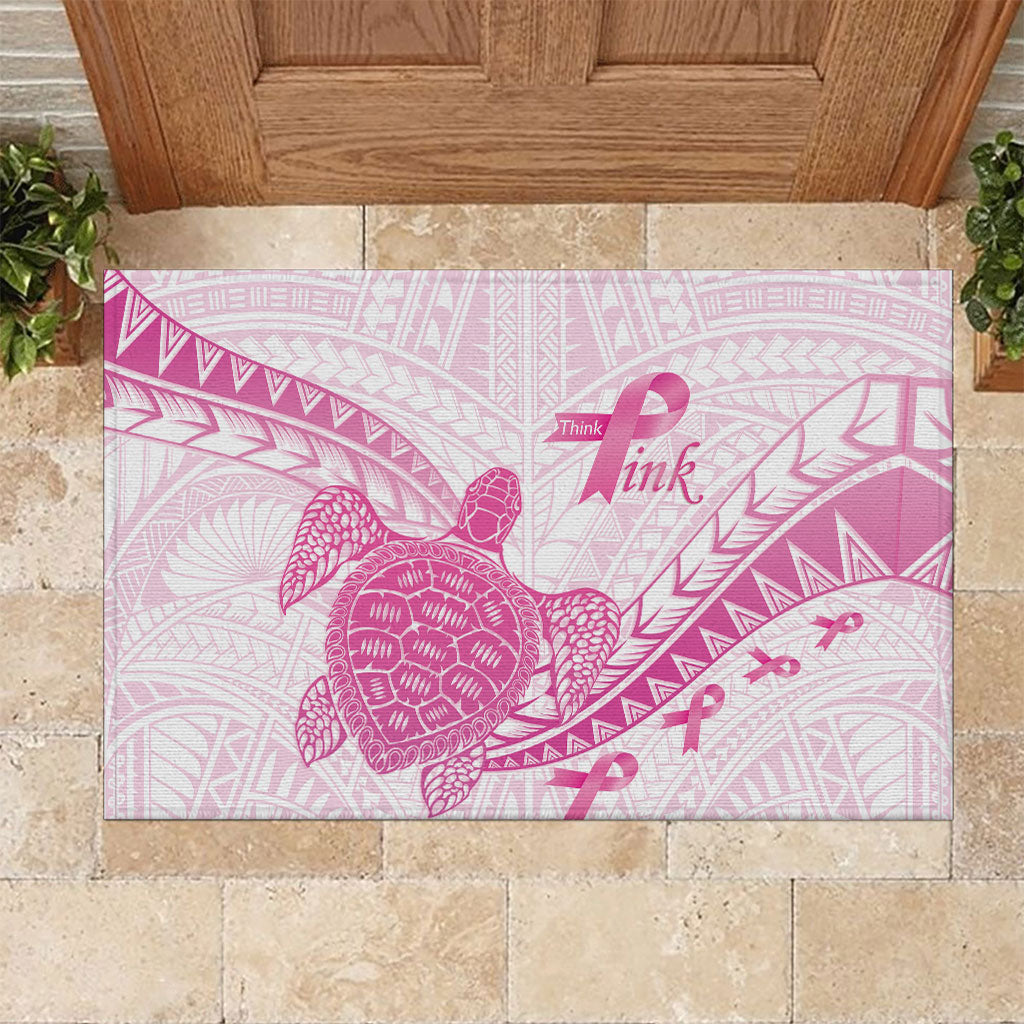 Breast Cancer Awareness Rubber Doormat Pink Ribbon Turtle Polynesian Pattern White