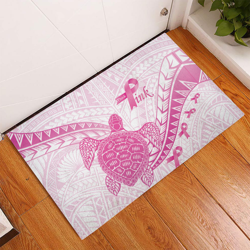 Breast Cancer Awareness Rubber Doormat Pink Ribbon Turtle Polynesian Pattern White