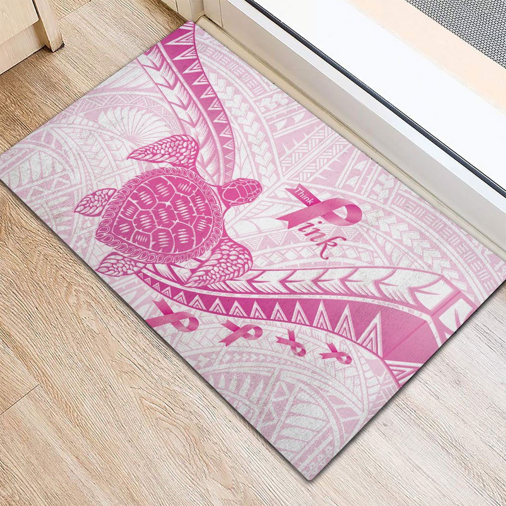 Breast Cancer Awareness Rubber Doormat Pink Ribbon Turtle Polynesian Pattern White