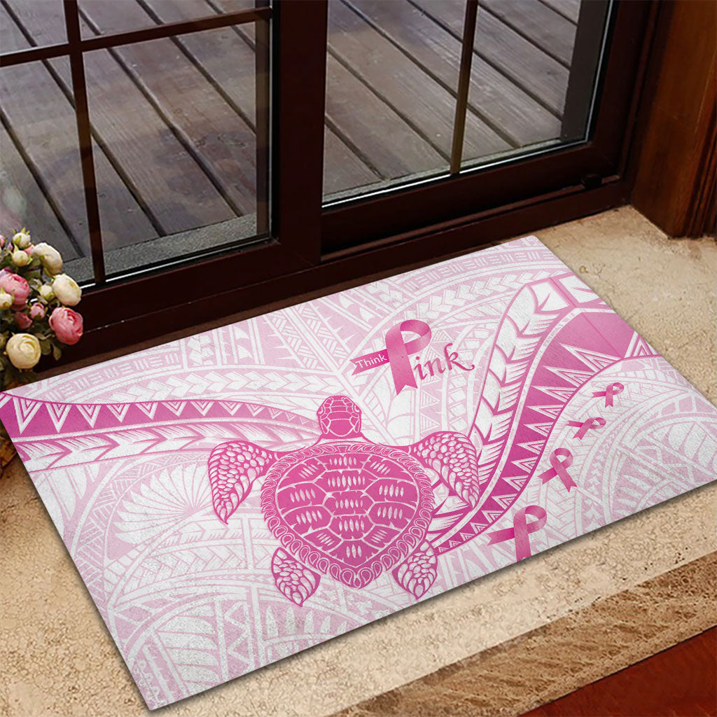 Breast Cancer Awareness Rubber Doormat Pink Ribbon Turtle Polynesian Pattern White