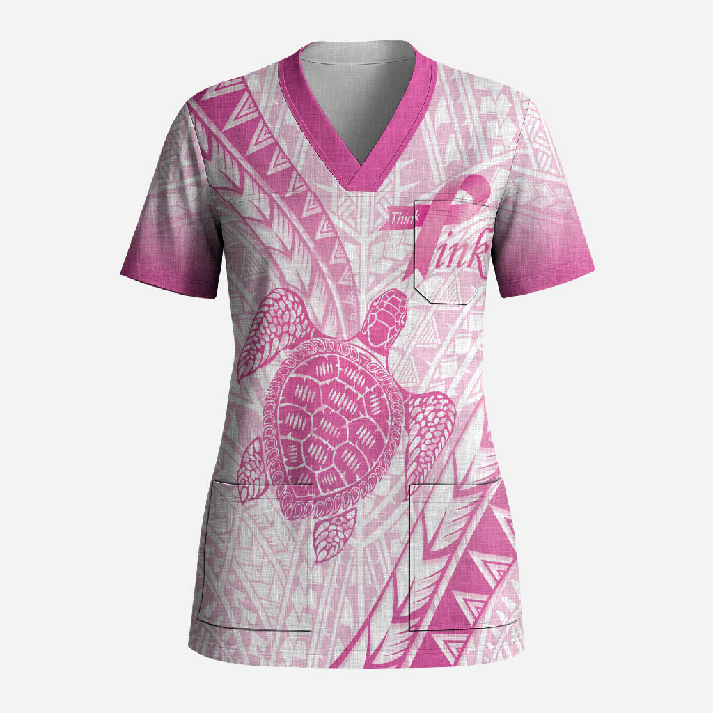 Breast Cancer Awareness Personalised Scrub Top Pink Ribbon Turtle Polynesian Pattern White