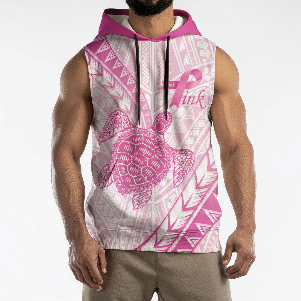Breast Cancer Awareness Personalised Sleeveless Hoodie Pink Ribbon Turtle Polynesian Pattern White LT22 - Polynesian Pride