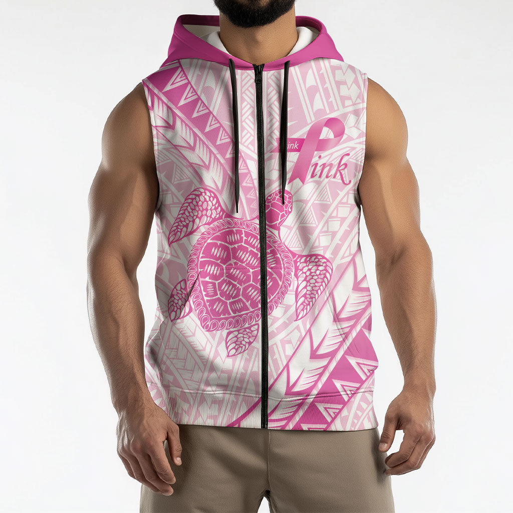 Breast Cancer Awareness Personalised Sleeveless Zip Hoodie Pink Ribbon Turtle Polynesian Pattern White