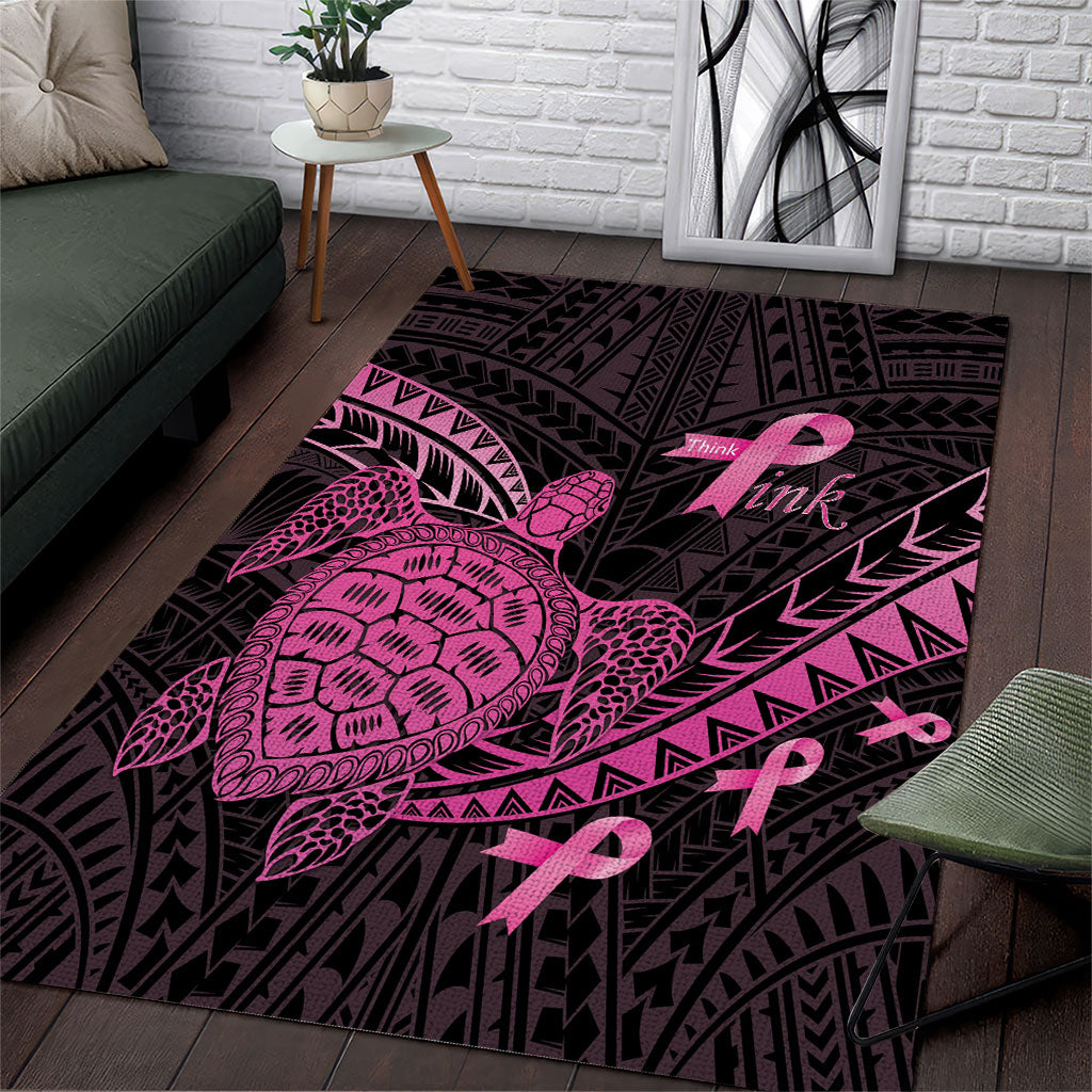 Breast Cancer Awareness Area Rug Pink Ribbon Turtle Polynesian Pattern Black