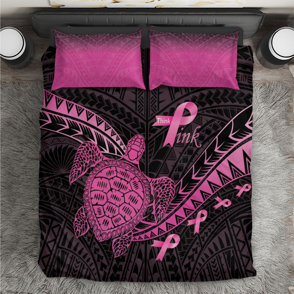 Breast Cancer Awareness Bedding Set Pink Ribbon Turtle Polynesian Pattern Black