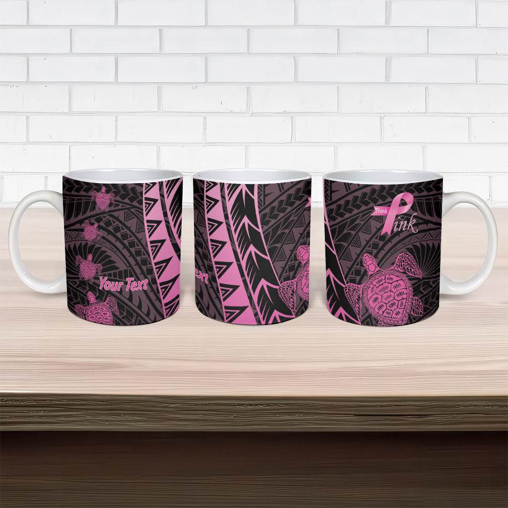 Breast Cancer Awareness Personalised Ceramic Mug Pink Ribbon Turtle Polynesian Pattern Black