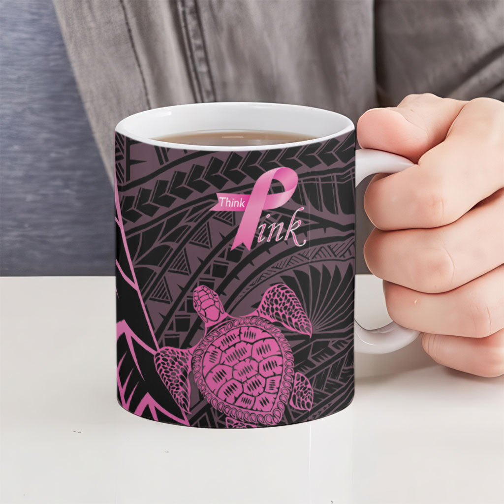 Breast Cancer Awareness Personalised Ceramic Mug Pink Ribbon Turtle Polynesian Pattern Black