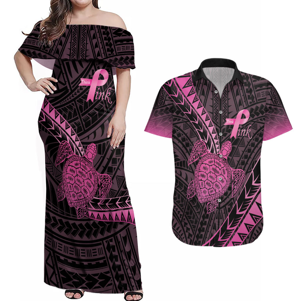 Breast Cancer Awareness Personalised Couples Matching Off Shoulder Maxi Dress and Hawaiian Shirt Pink Ribbon Turtle Polynesian Pattern Black LT22 Pink - Polynesian Pride