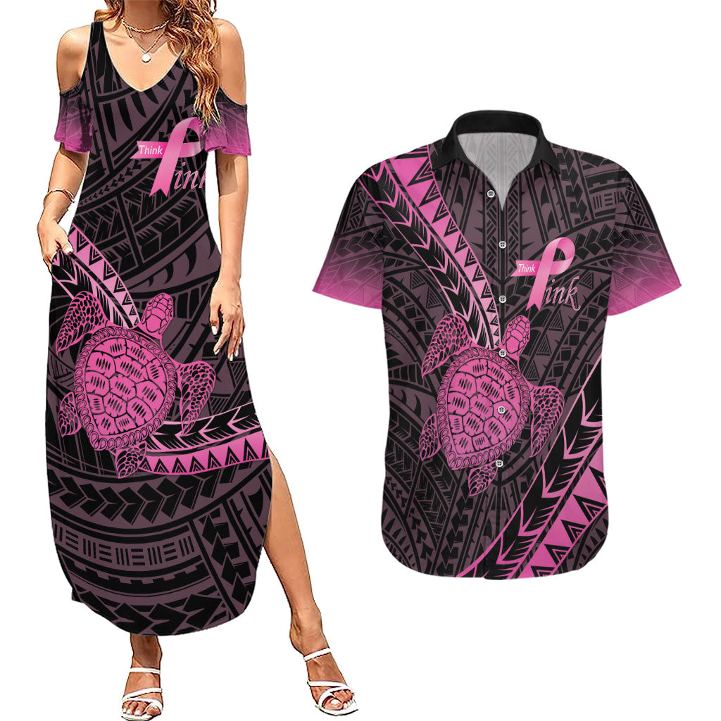 Breast Cancer Awareness Personalised Couples Matching Summer Maxi Dress and Hawaiian Shirt Pink Ribbon Turtle Polynesian Pattern Black LT22 Pink - Polynesian Pride