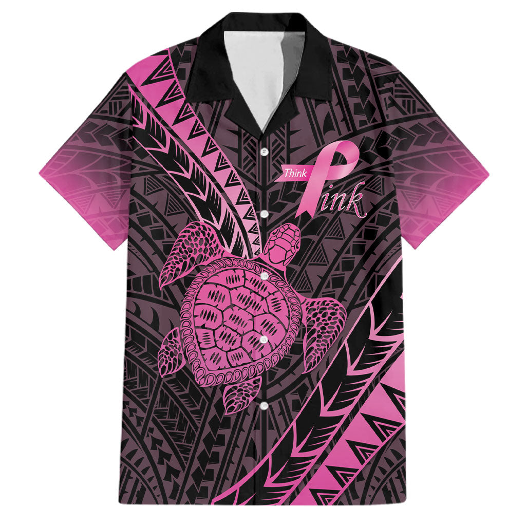 Breast Cancer Awareness Personalised Family Matching Mermaid Dress and Hawaiian Shirt Pink Ribbon Turtle Polynesian Pattern Black LT22 Dad's Shirt - Short Sleeve Pink - Polynesian Pride